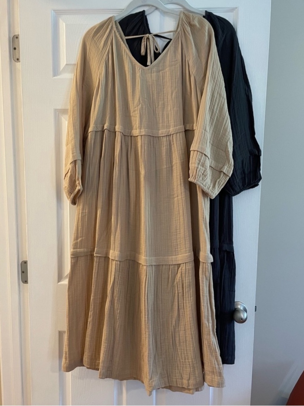 100% Cotton Women's Beige Tiered V-Neck Midi Dress